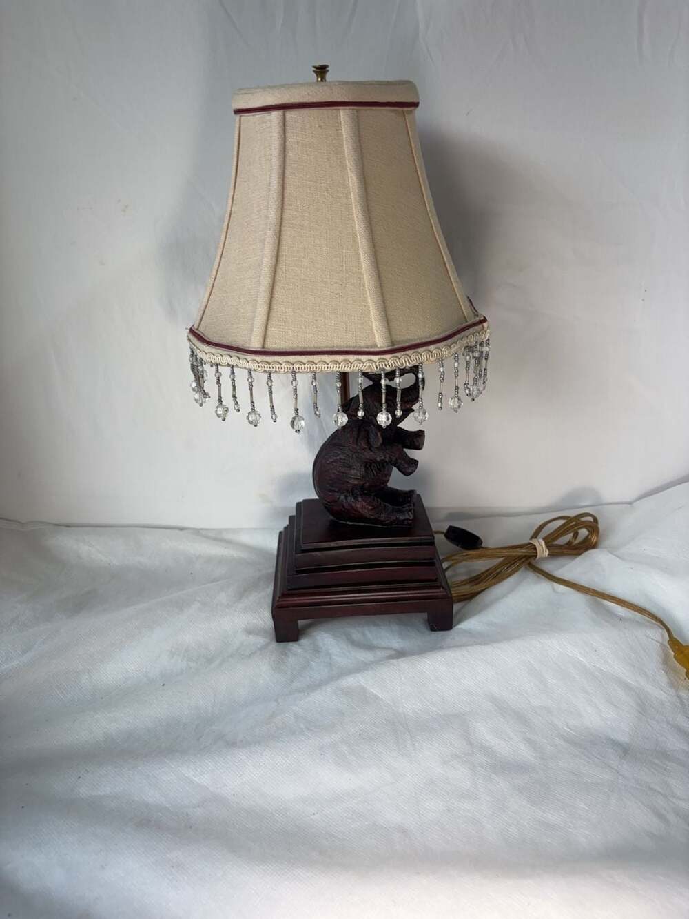 Vintage Elephant Figural Table Lamp with Beaded Shade